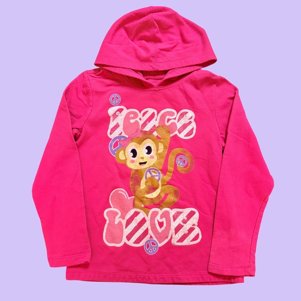 Y2K FRZ Pink Peace Love Monkey Graphic Hoodie Girls Scene Cute #19